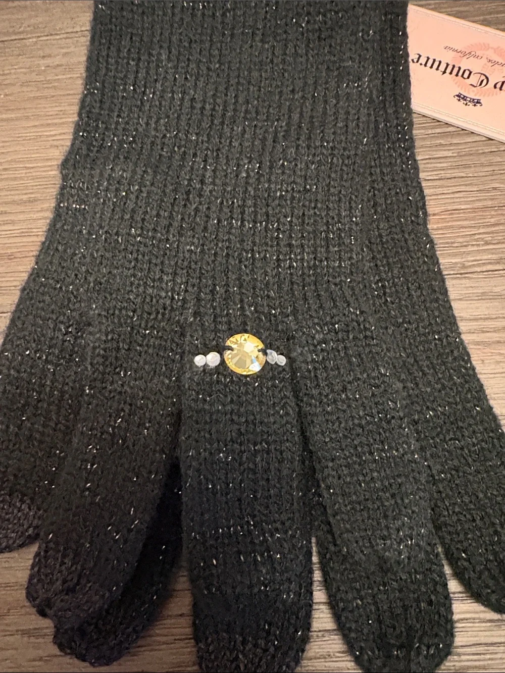 Juicy Couture Black Knit Gloves with Rhinestone Accent